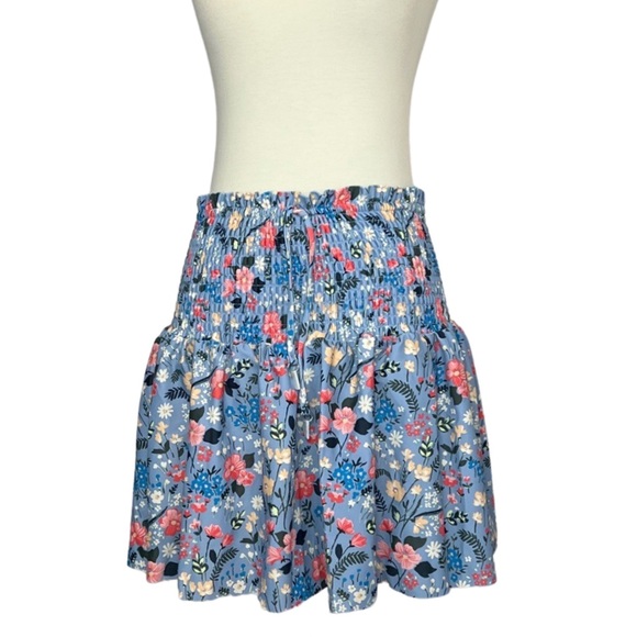 Retro Blue Floral Shirred High Waist Drawstring Beach Skirt - Picture 6 of 16